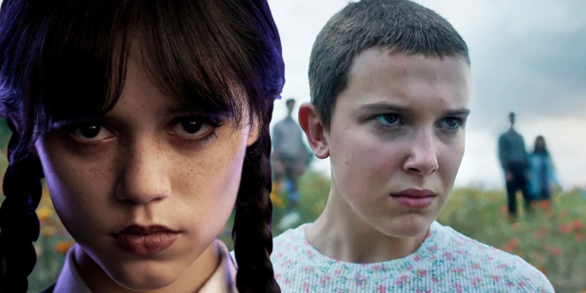Jenna Ortega as Wednesday and Millie Bobby Brown as Eleven