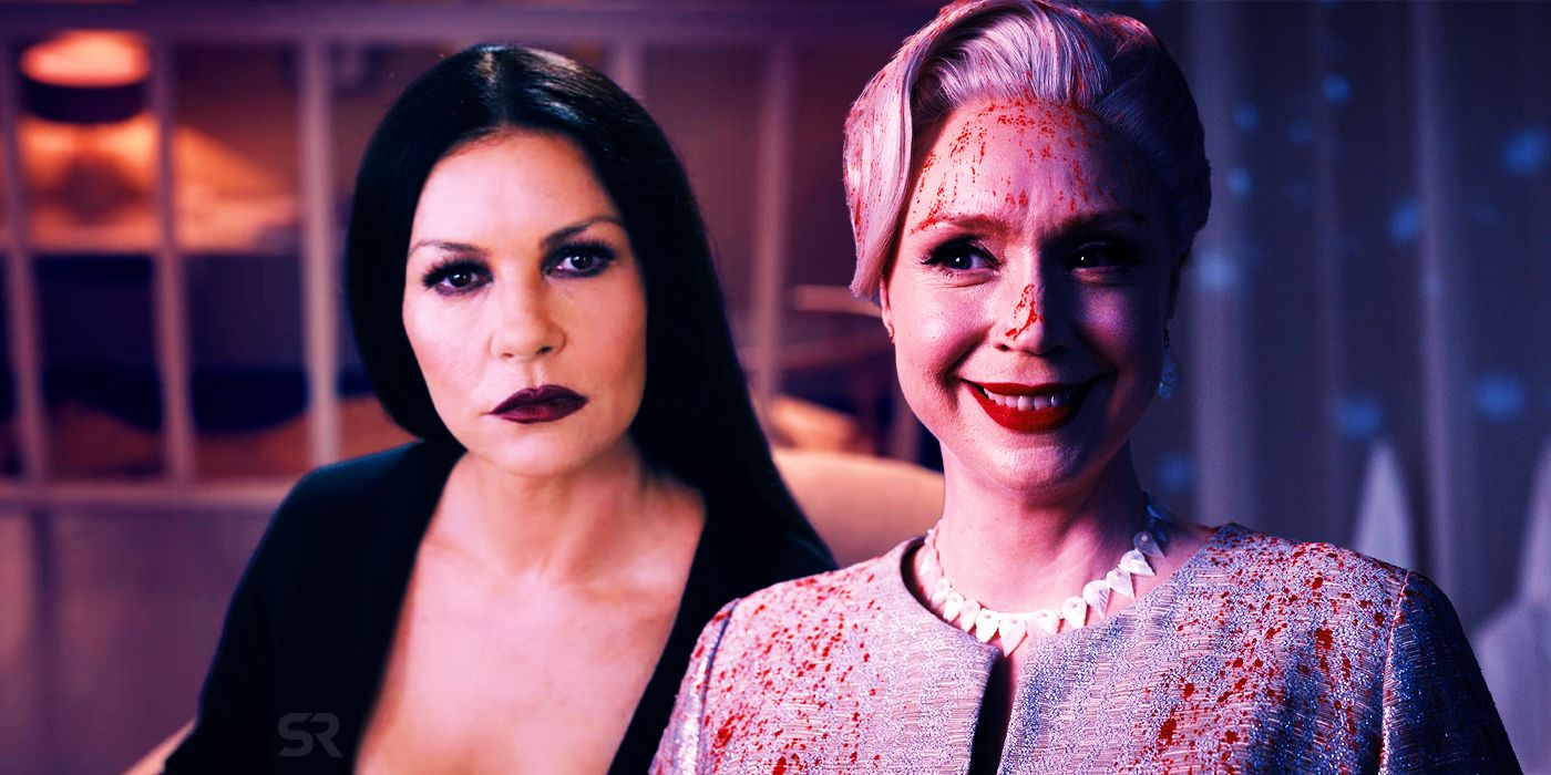 Catherine Zeta-Jones as Morticia Addams and Gwendoline Christie as Principal Larissa Weems in Wednesday season 1