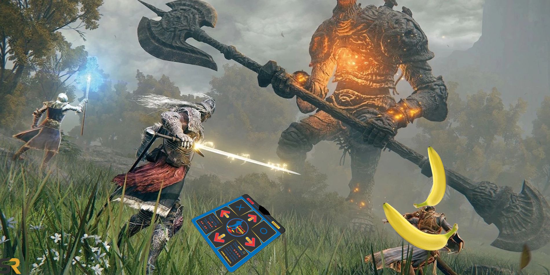 Three Elden Ring players stand in front of a giant enemy, one is equipped with a magic staff that's charging a spell, another is standing with a dance pad between them and their opponent, and the last is duel-wielding large bananas for weapons.