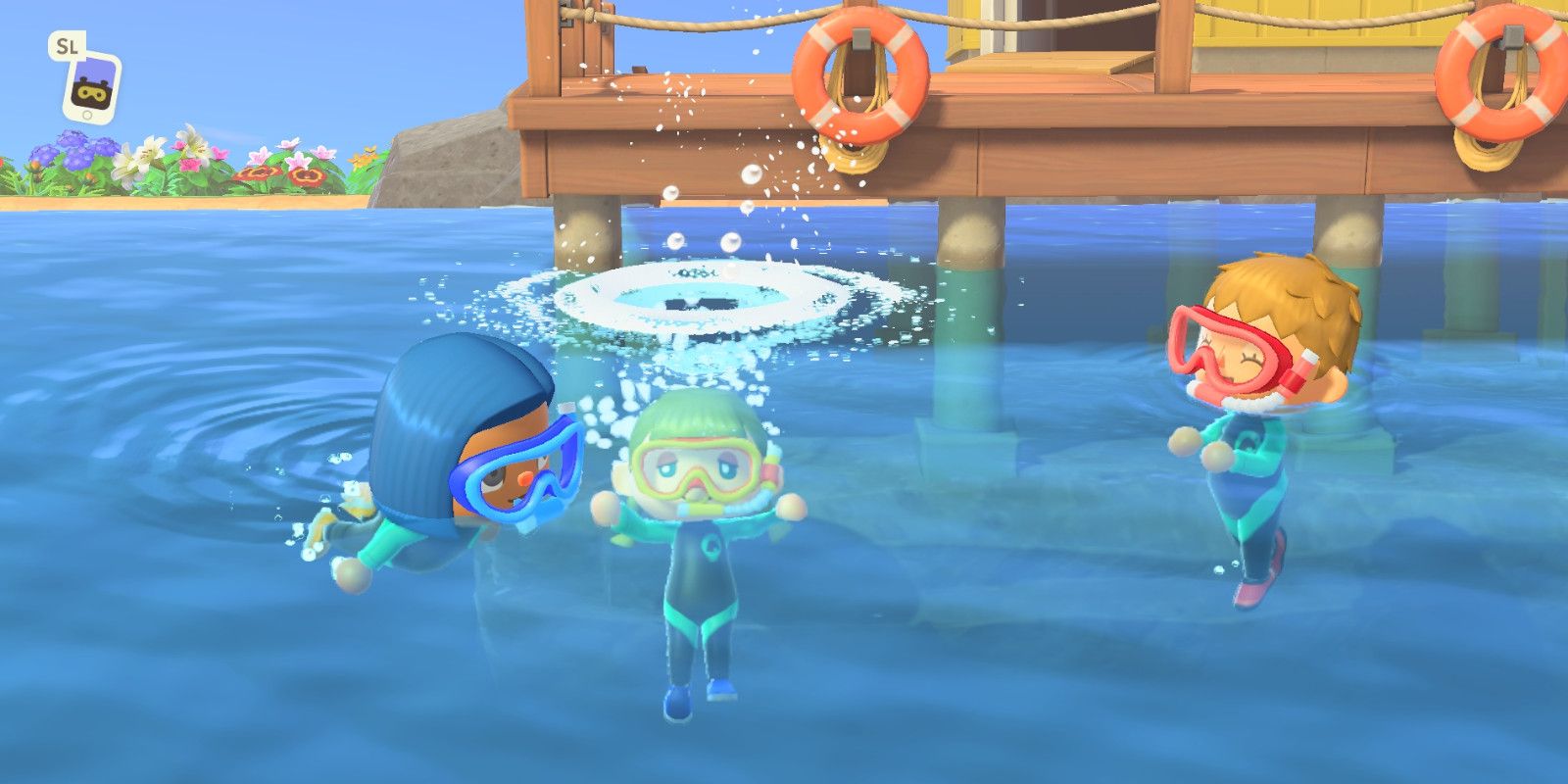 Jogadores em traje de mergulho em Animal Crossing New Horizons