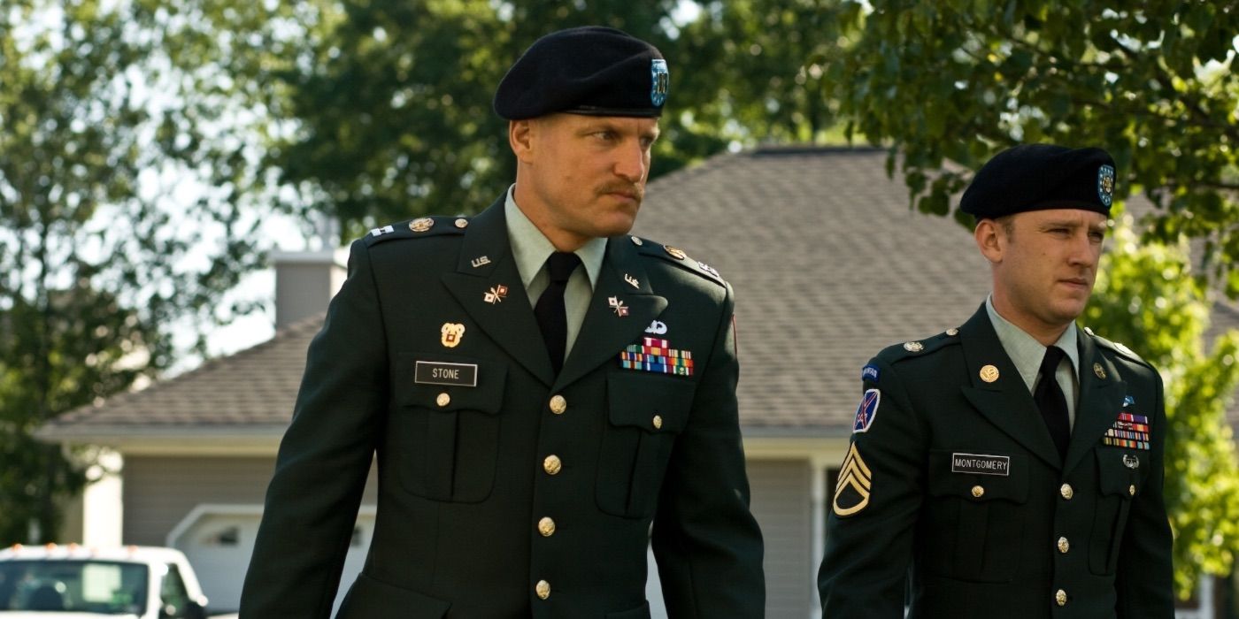 Two army officers approach a house in The Messenger 