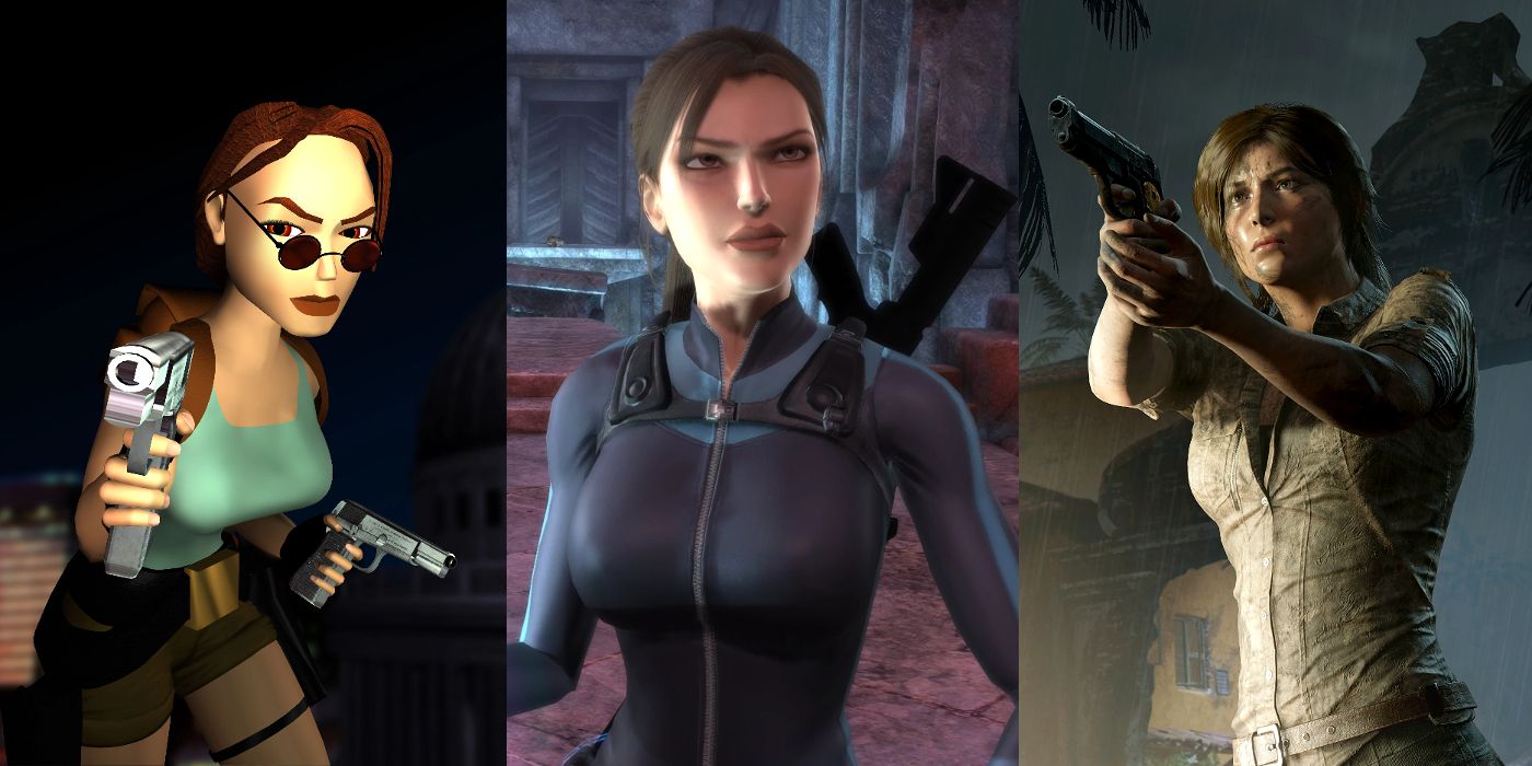 An image of Lara Croft from Tomb Raider 3, Underworld, and Shadow of the Tomb Raider.