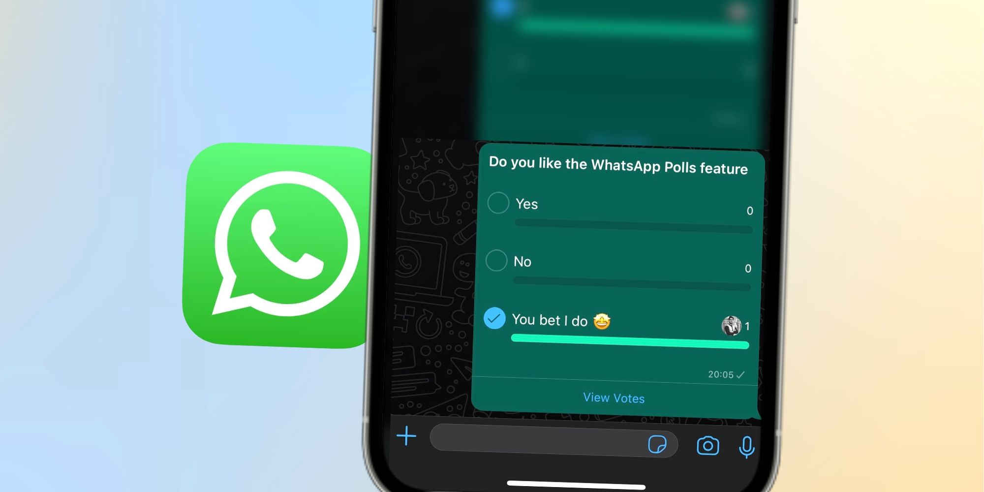 Screenshot of the WhatsApp Polls feature along with the app's logo on a colorful background