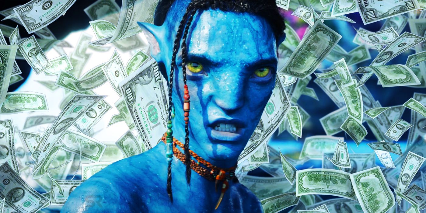 Personagem de avatar Na'vi com fundo de notas de dólar.