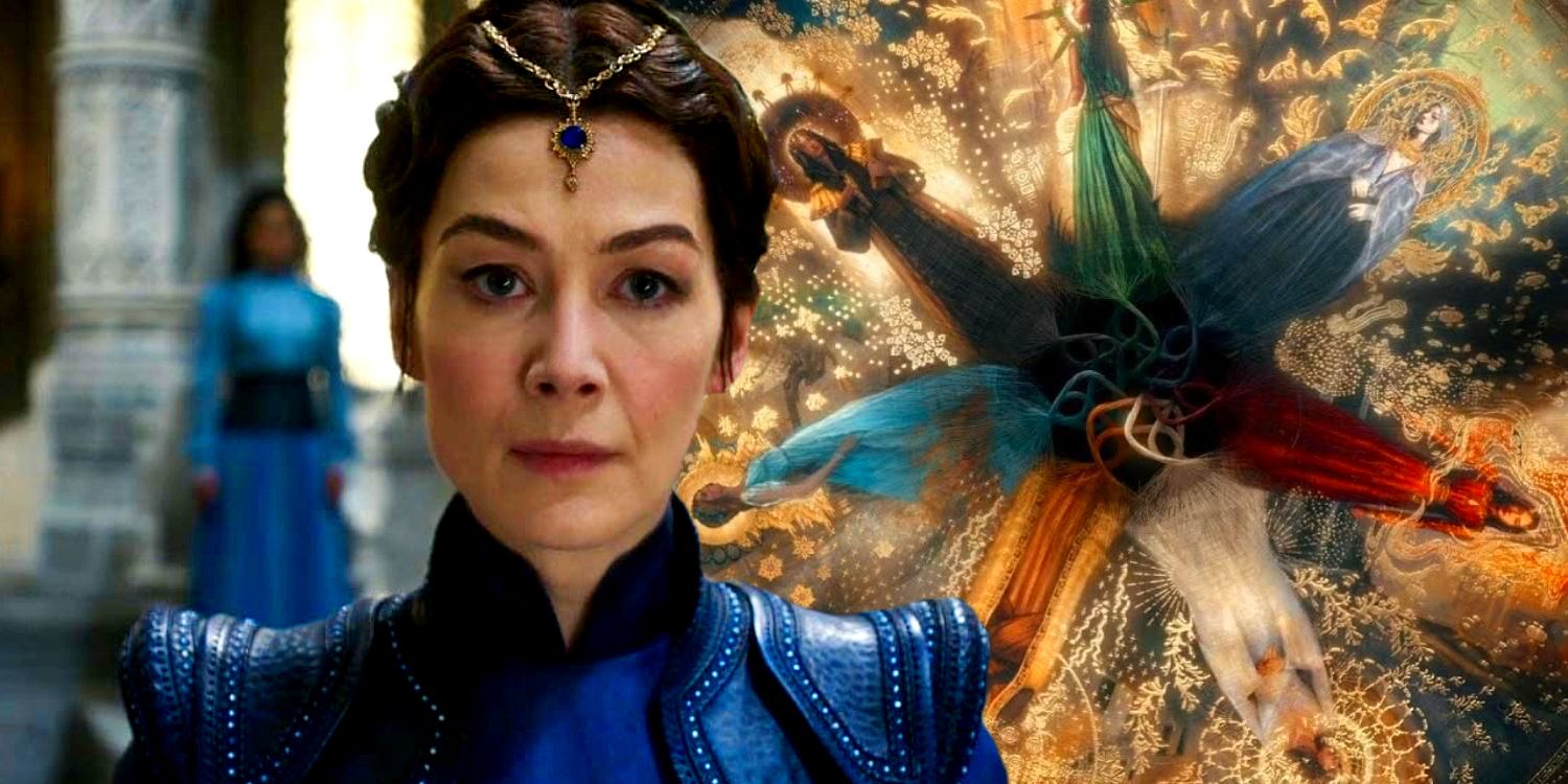 Rosamund Pike as Moiraine Damodred with the Aes Sedai in The Wheel of Time