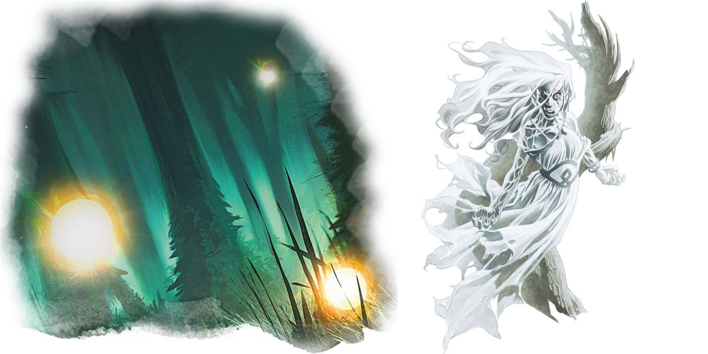 Will-o-wisps, which appear as glowing orbs in a forest, and a banshee, which looks lag a bedraggle ghost woman.