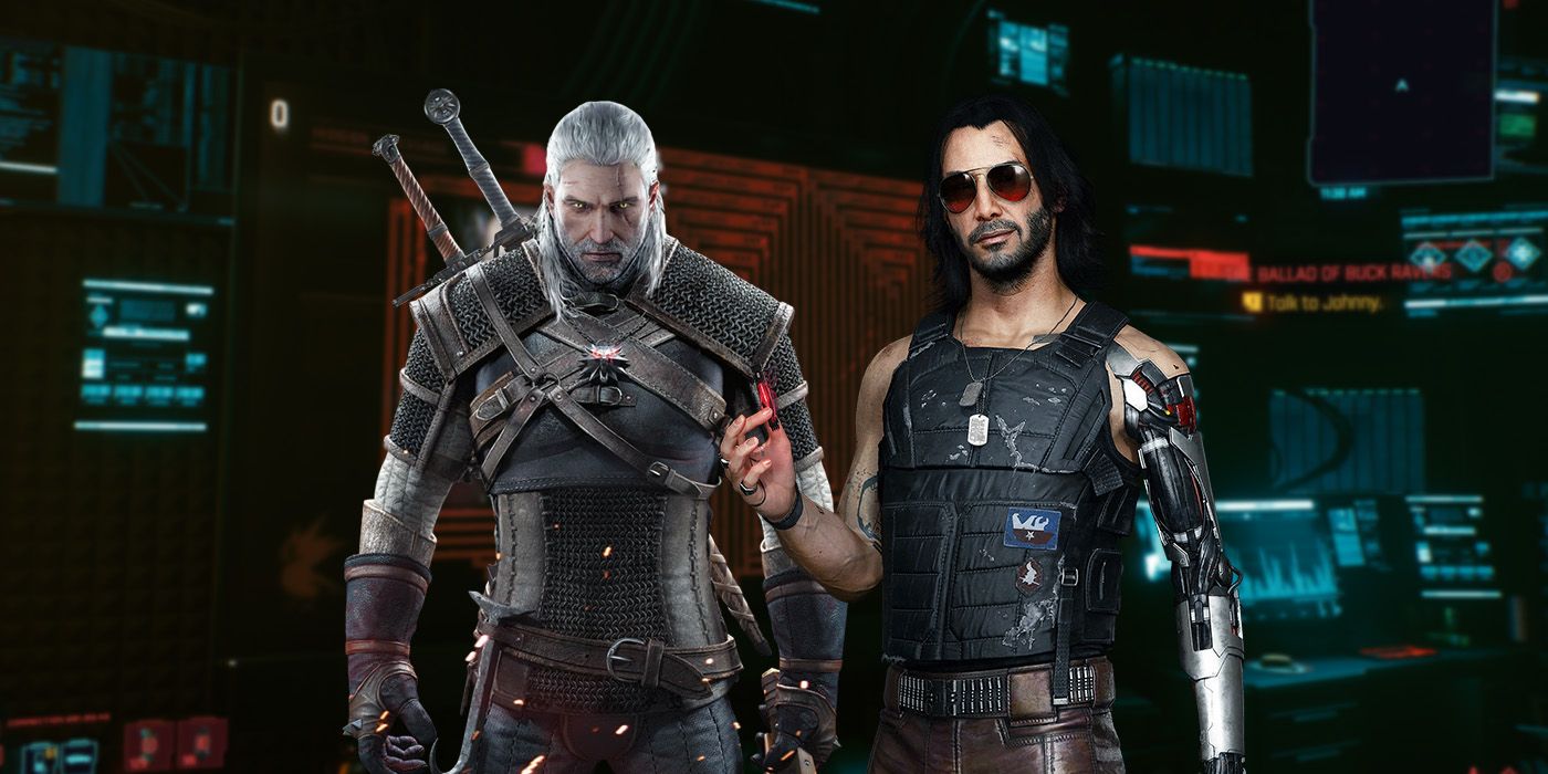 Images of Witcher 3's Geralt and Cyberpunk 2077's Johnny with the developer room easter egg as the background.