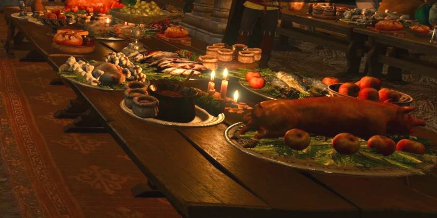 Pratos de comida dispostos sobre uma mesa em The Witcher 3.