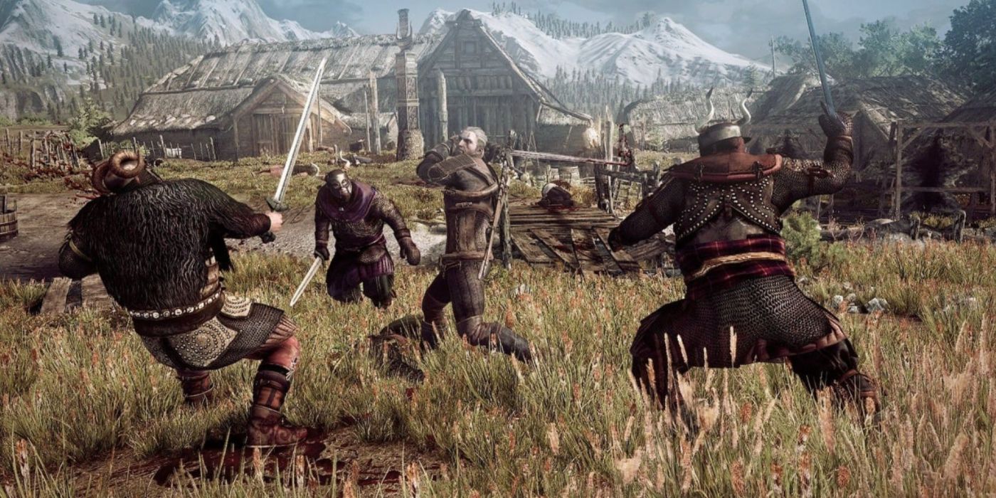 Geralt enfrentando um grupo de inimigos em The Witcher 3.