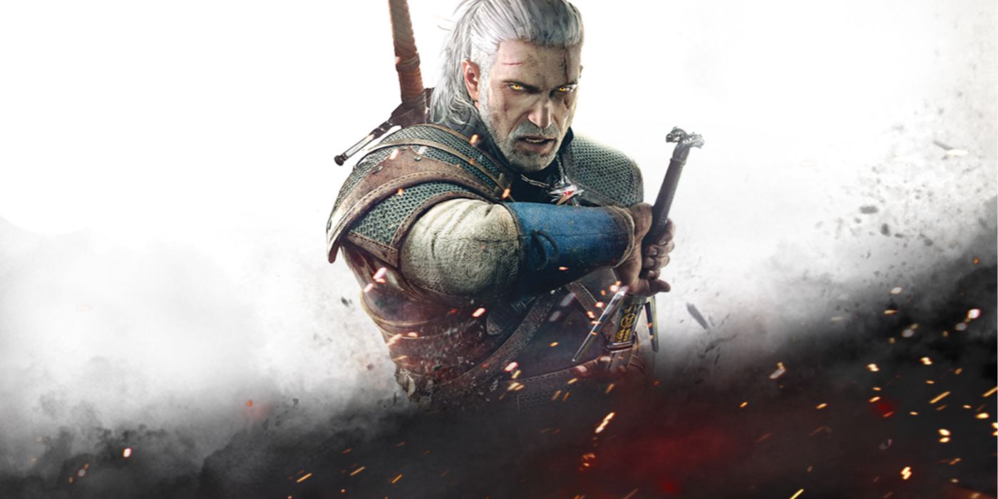 Geralt of Rivia drawing his sword in The Witcher 3 promo art.