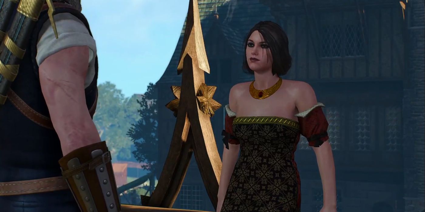 Witcher 3's Sasha leaning against a balcony and looking at Geralt.