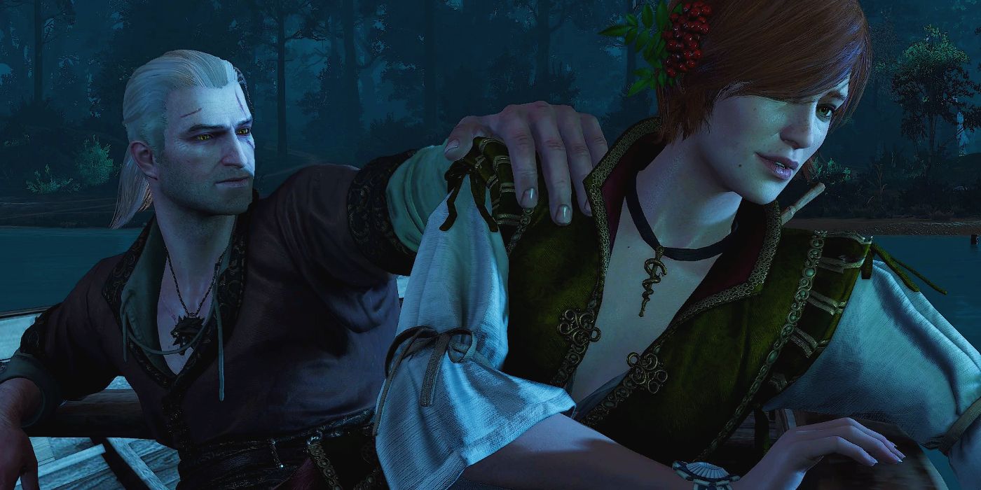 Witcher 3's Geralt and Shani on on a moonlight boat ride.