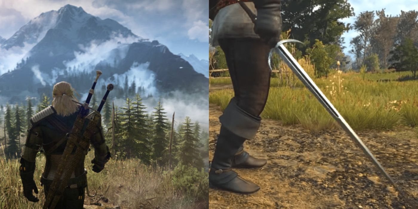 Imagem dividida de Geralt viajando por Skellige e empunhando a Espada de Sangue.