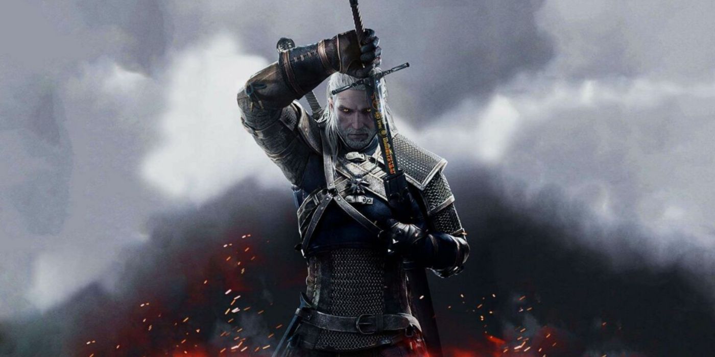 The Witcher 3: Wild Hunt promo art featuring Geralt of Rivia drawing his sword.