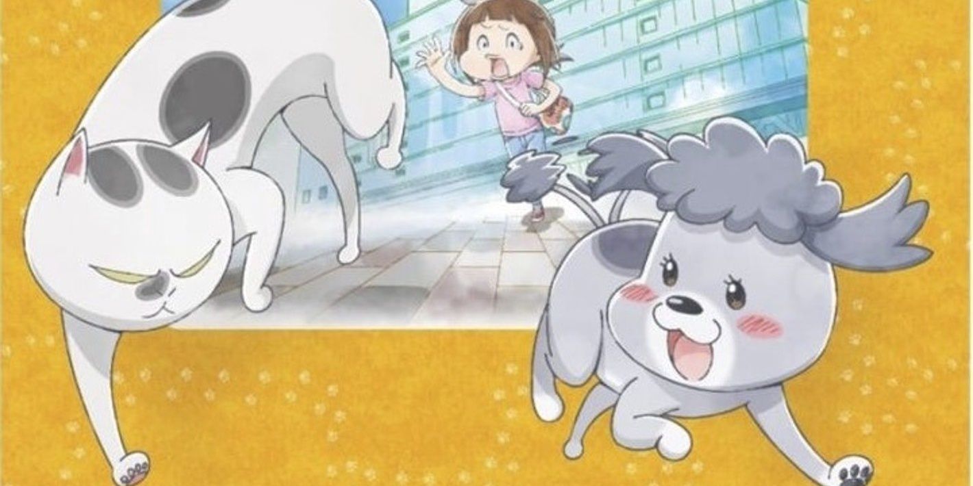 The cheerful Dog and surly Cat run away from their harried owner Matsumoto in With a Dog AND a Cat Every Day Is Fun.
