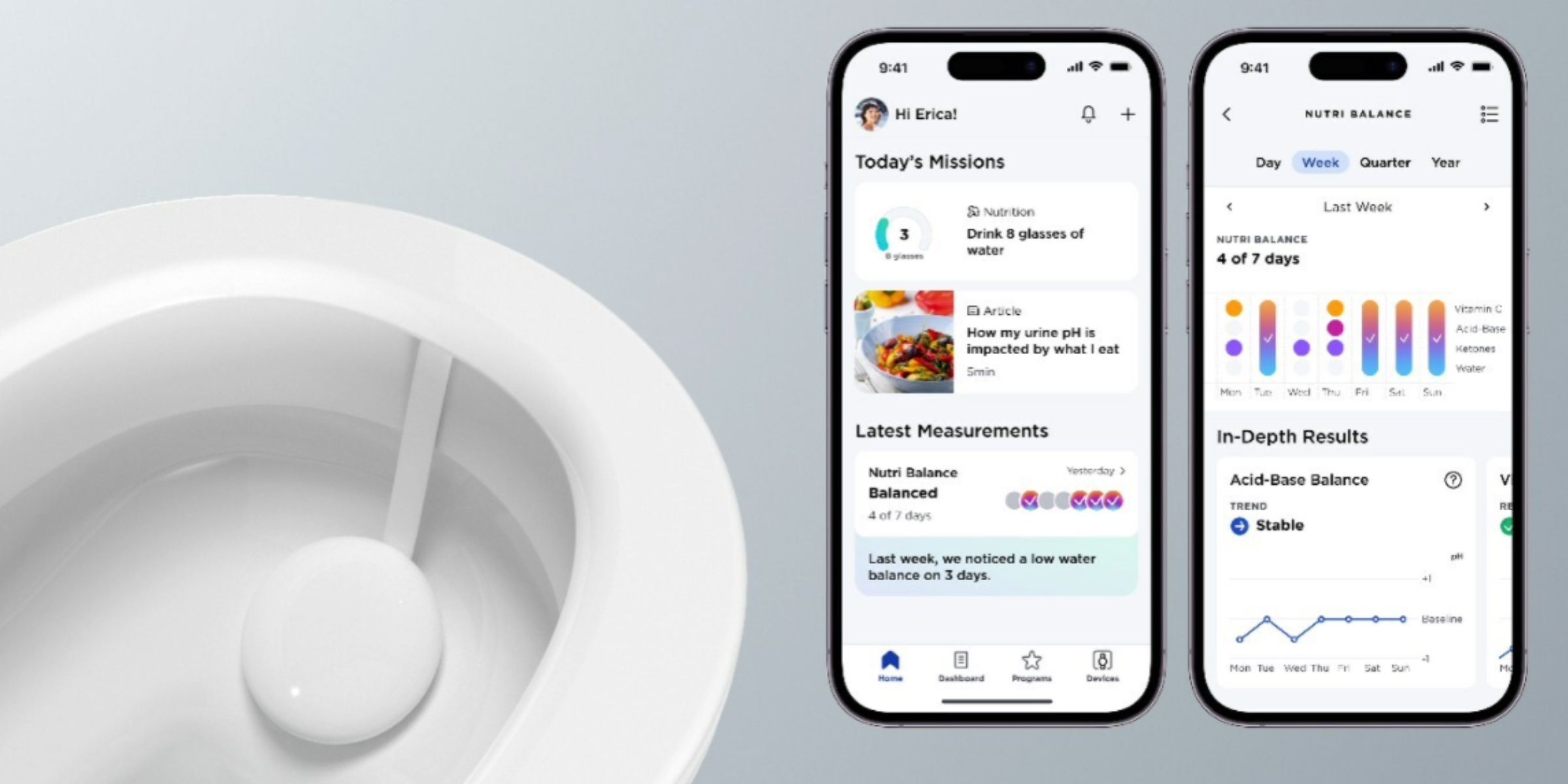 The Withings U-Scan device inside a toilet bowl beside screenshots of the companion mobile app.