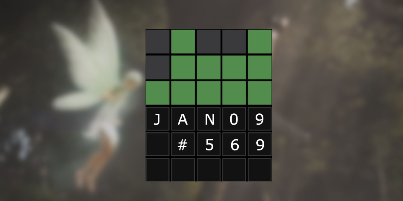 9 Januari Wordle grid dengan Pixie terbang di latar belakang