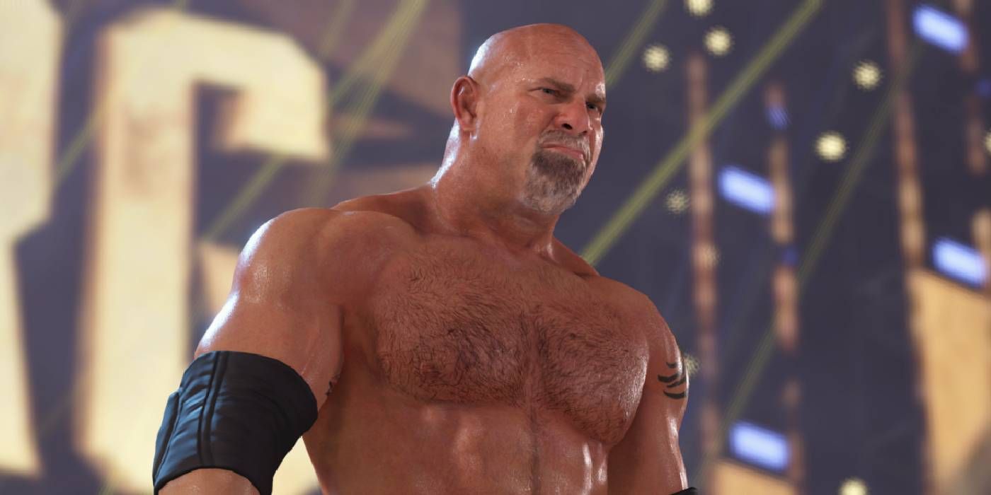 WWE 2K22 Goldberg Wrestler Performing Entrance to Stage with Pyrotechnics and Other Presets
