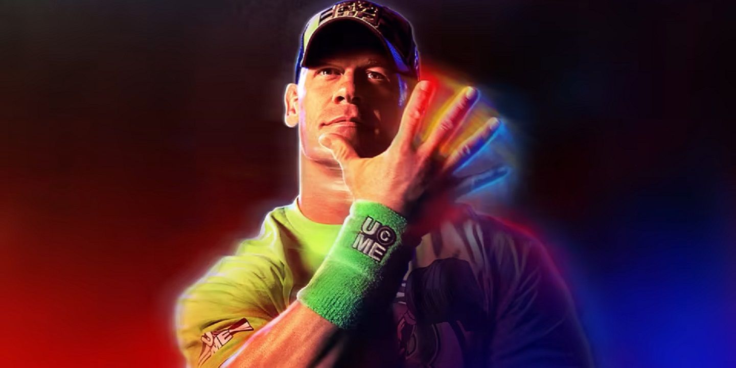 John Cena fazendo seu gesto de mão característico You Can't See Me na frente de seu rosto para a capa padrão do WWE 2K23