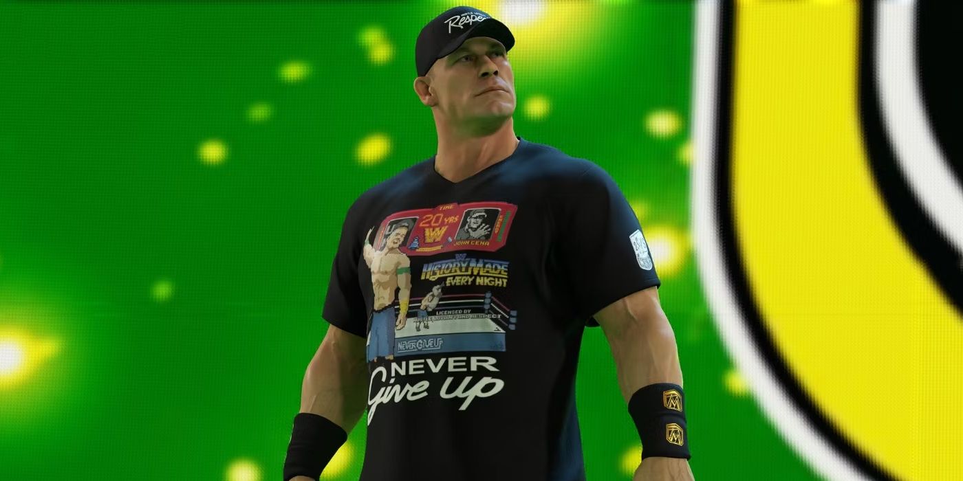 WWE 2K23's John Cena stands in front of the entrance ramp as he looks out into the crowd solemnly.