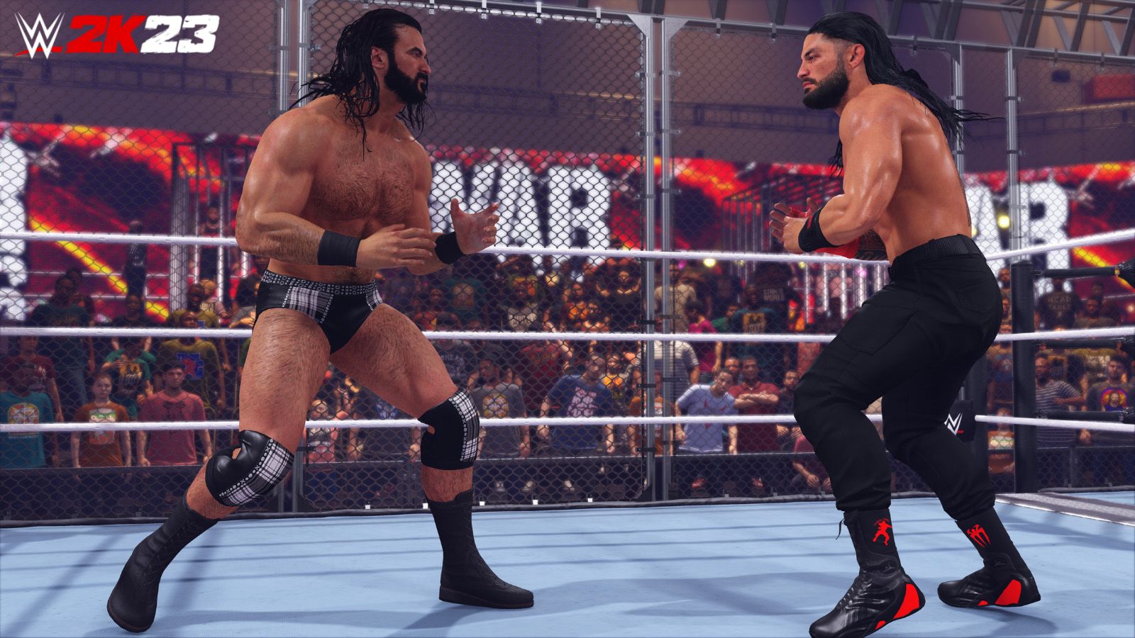 A screenshot of Romen Reigns and Drew McIntyre facing off in a cage in WWE 2K23.