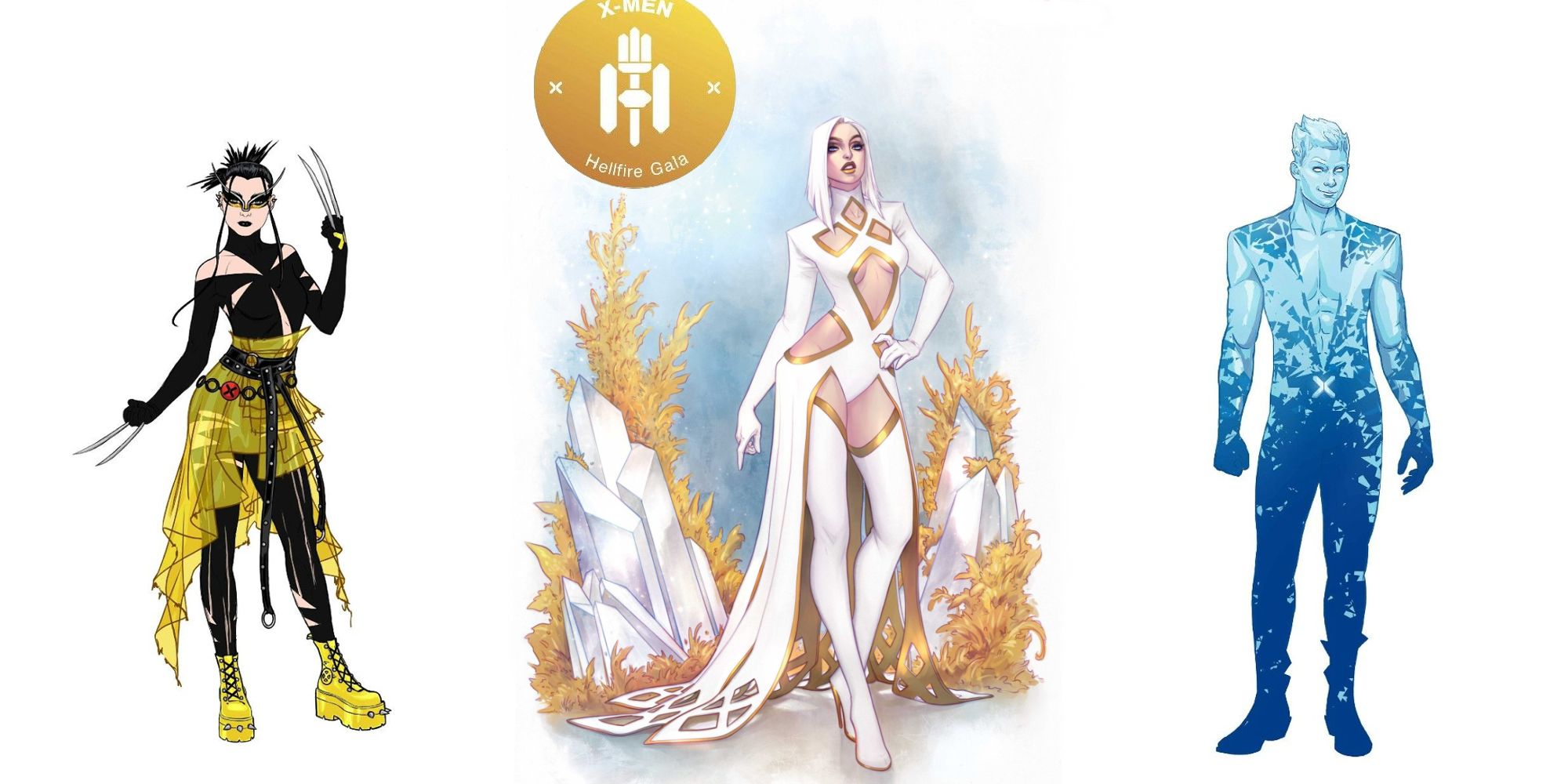 X-Men Hellfire gala designs for Laura Kinney Wolverine, Emma Frost, and Iceman
