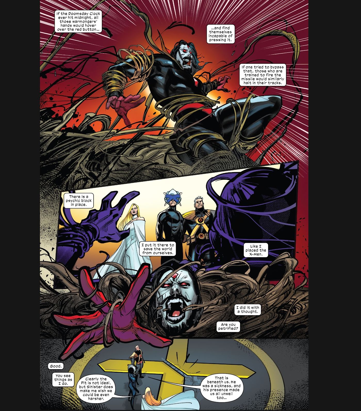 A narration of how Xavier psychically prevents global nuclear war. In the background, Mister Sinister is dragged into Krakoa's Pit.