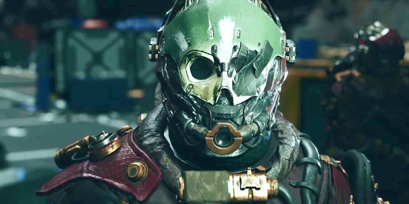 Image of a spacesuit-wearing character from Starfield. The suit is colored green and red and features exposed valves and battle damage, with one eye socket taped over.