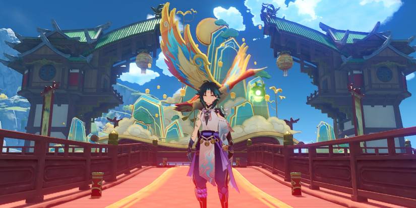 Xiao stands in front of the Mingxiao lantern of Sea Gazer during Lantern Rite in Genshin Impact