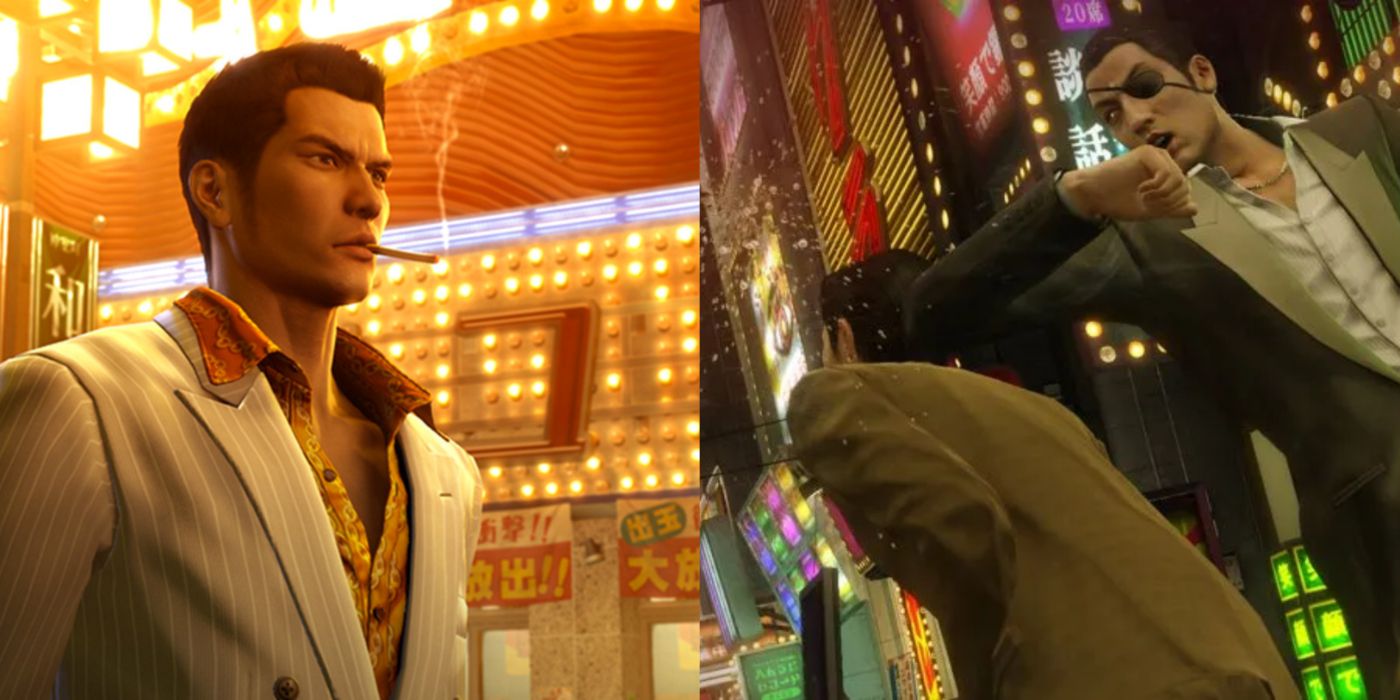 Imagem dividida de Kiryu e Majima em Yakuza 0.