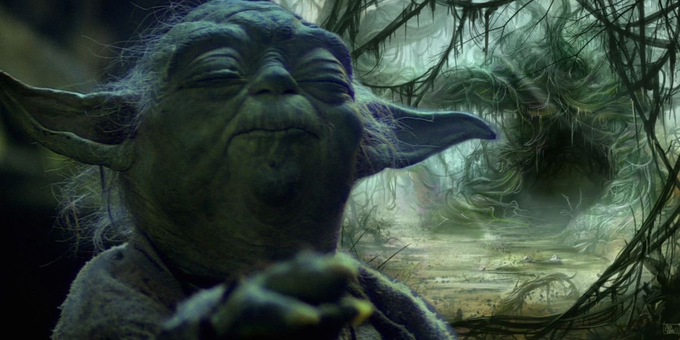 Yoda using the Force and the dark side cave on Dagobah.