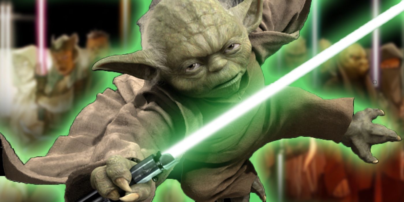 Yoda wielding his lightsaber.