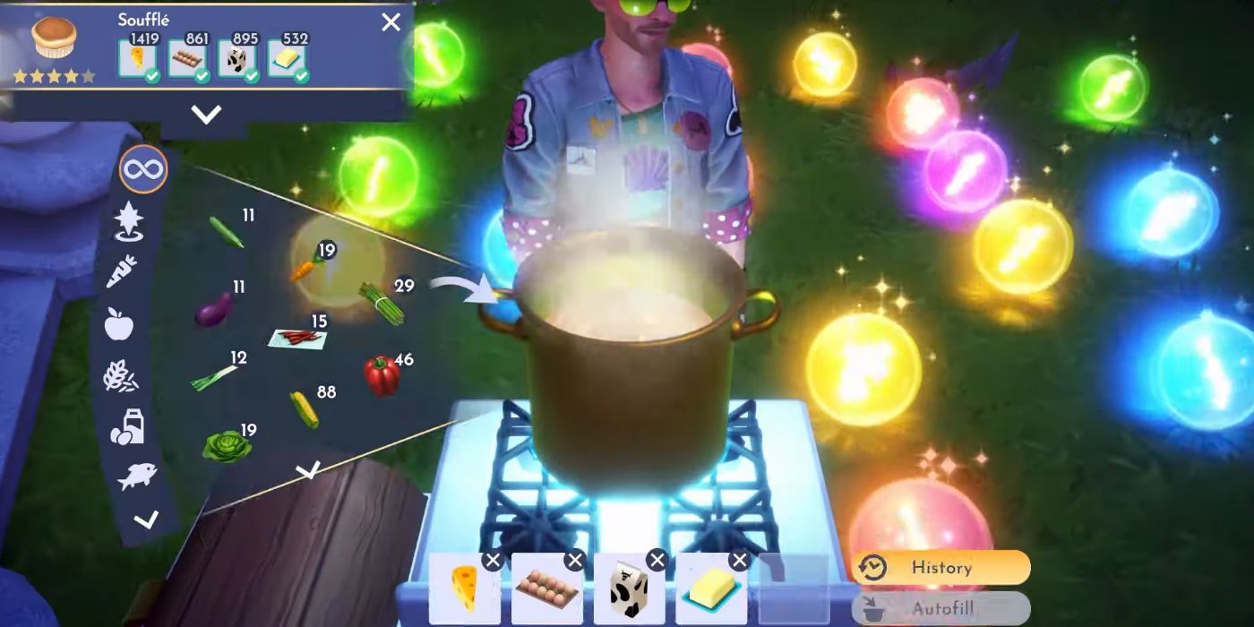 Captura de tela do Soufflé Baking Montage do YouTuber MrStarInSky no Plaza no Disney Dreamlight Valley