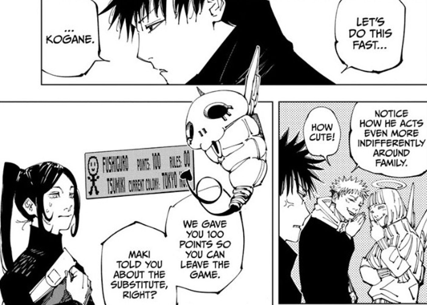 A manga panel of Yuji and Hana goofing off at Megumi's expense in Jujutsu Kaisen.