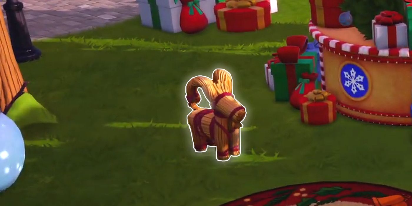 Yule Goat Standing on the Grass Beside Christmas Gifts in Disney Dreamlight Valley