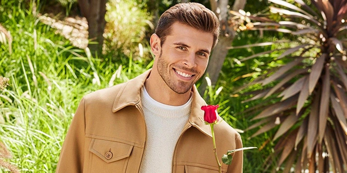 Zach Shallcross lead of The Bachelor season 27 wearing brown jacket rose