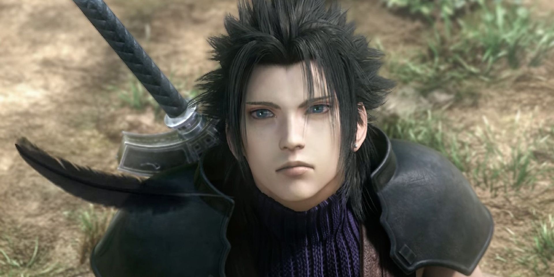 Zack Fair in Crisis Core Final Fantasy 7 Reunion, looking up at a black feather floating through the air.