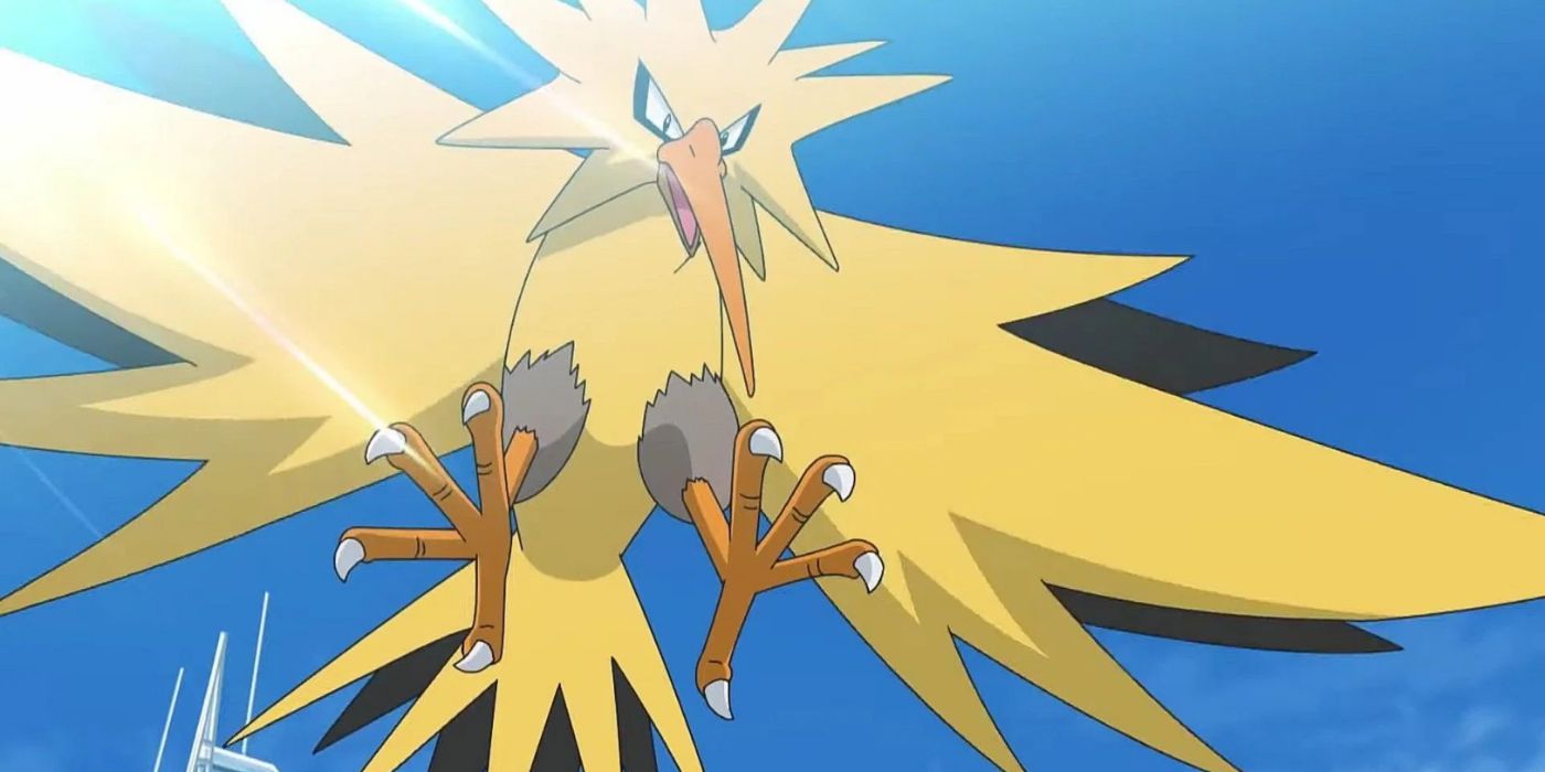 Zapdos flying with the sunlight to its back in the Pokémon anime.