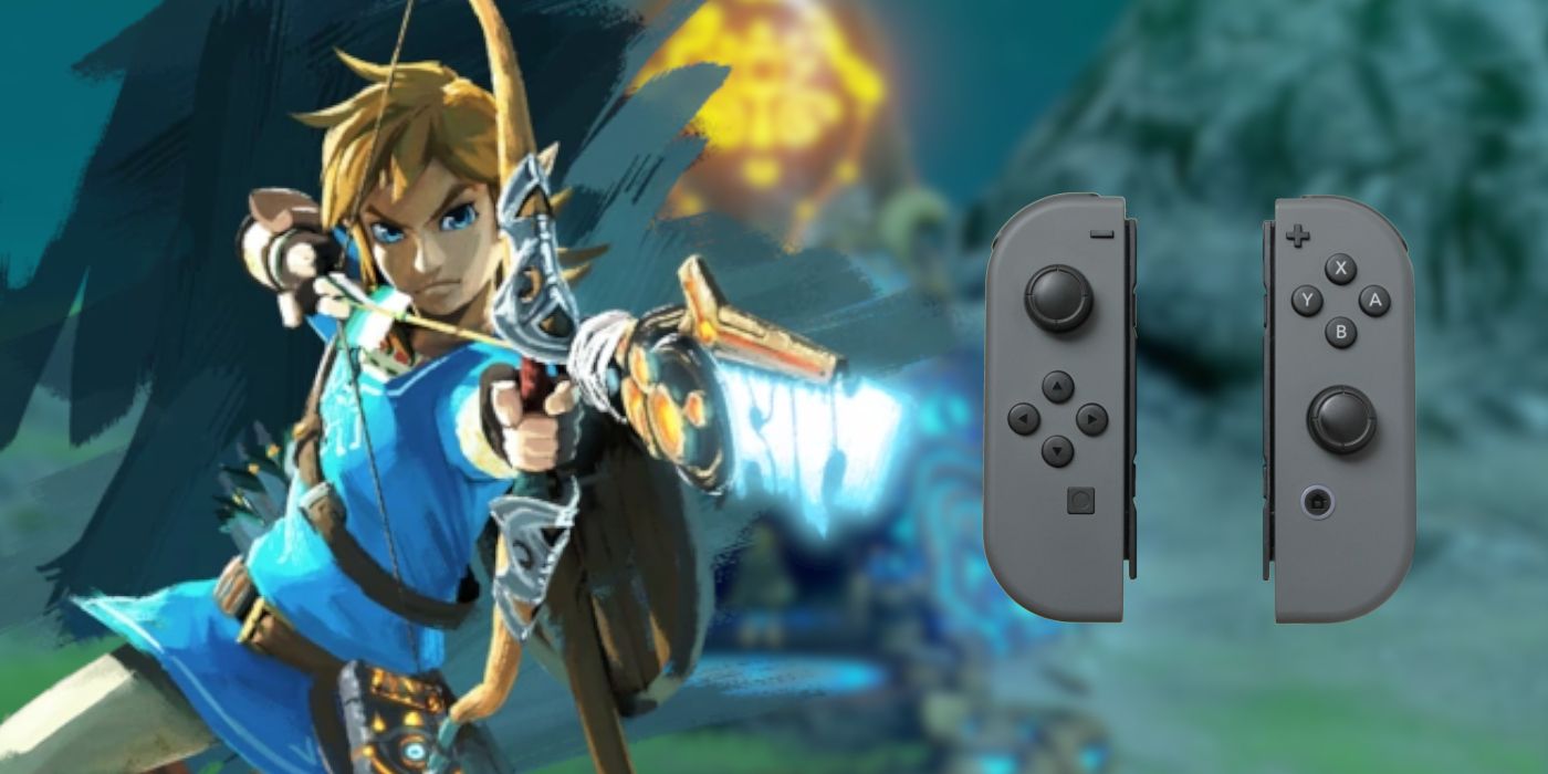 Link with Joy Cons towards the right with a BOTW Shrine in the background
