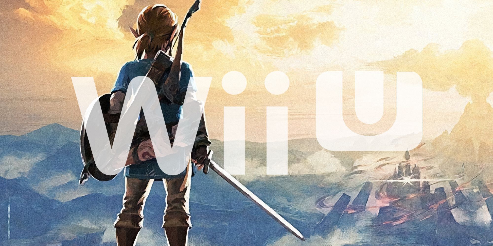 Link overlooking a distant Hyrule Castle in official key art for Breath of the Wild, with the Wii U's logo turned white and slightly translucent overlaid.