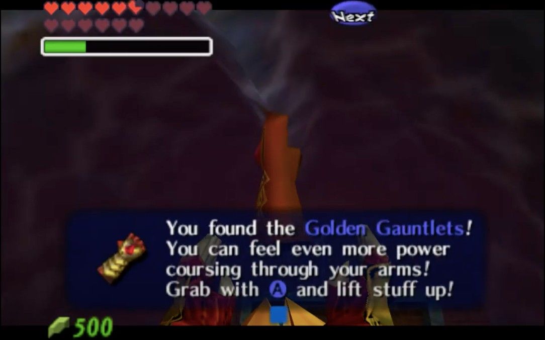 Zelda: Ocarina of Time text telling the player they&rsquo;ve found the Golden Gauntlets.
