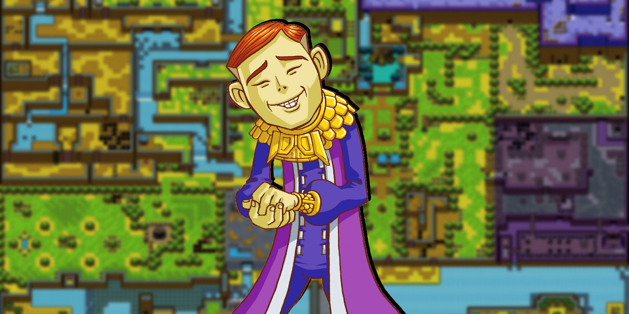Artwork of the Happy Mask Salesman from The Legend of Zelda: Oracle of Ages overlaid on a blurred background of the game's map.