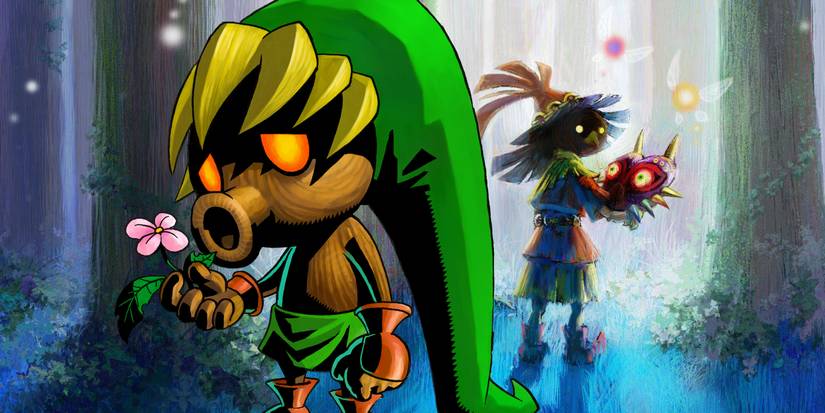 Deku Link from Majora's Mask, holding a flower and looking sad in front of a background of a 3DS version artwork showing Skull Kid holding the eponymous mask in a forest.