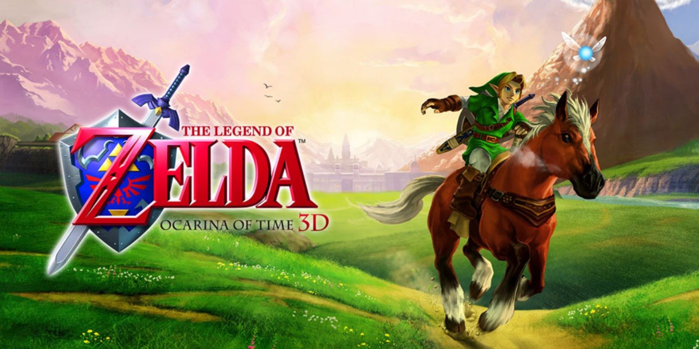 Key art for The Legend of Zelda: Ocarina of Time 3D featuring Link riding Epona.