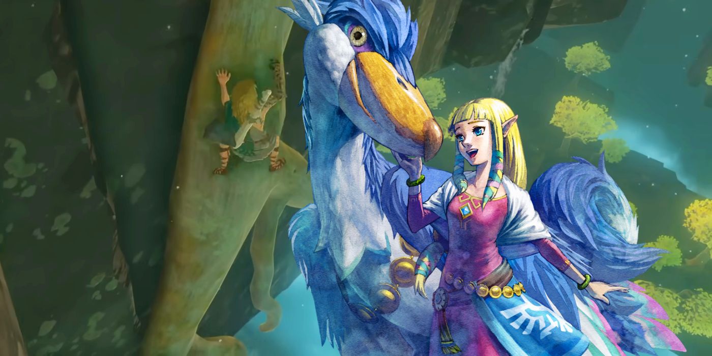 Official artwork from Skyward Sword of Zelda standing with her Loftwing superimposed on a screenshot from a Tears of the Kingdom trailer showing Link climbing up a large tree root in the side of a cliff.