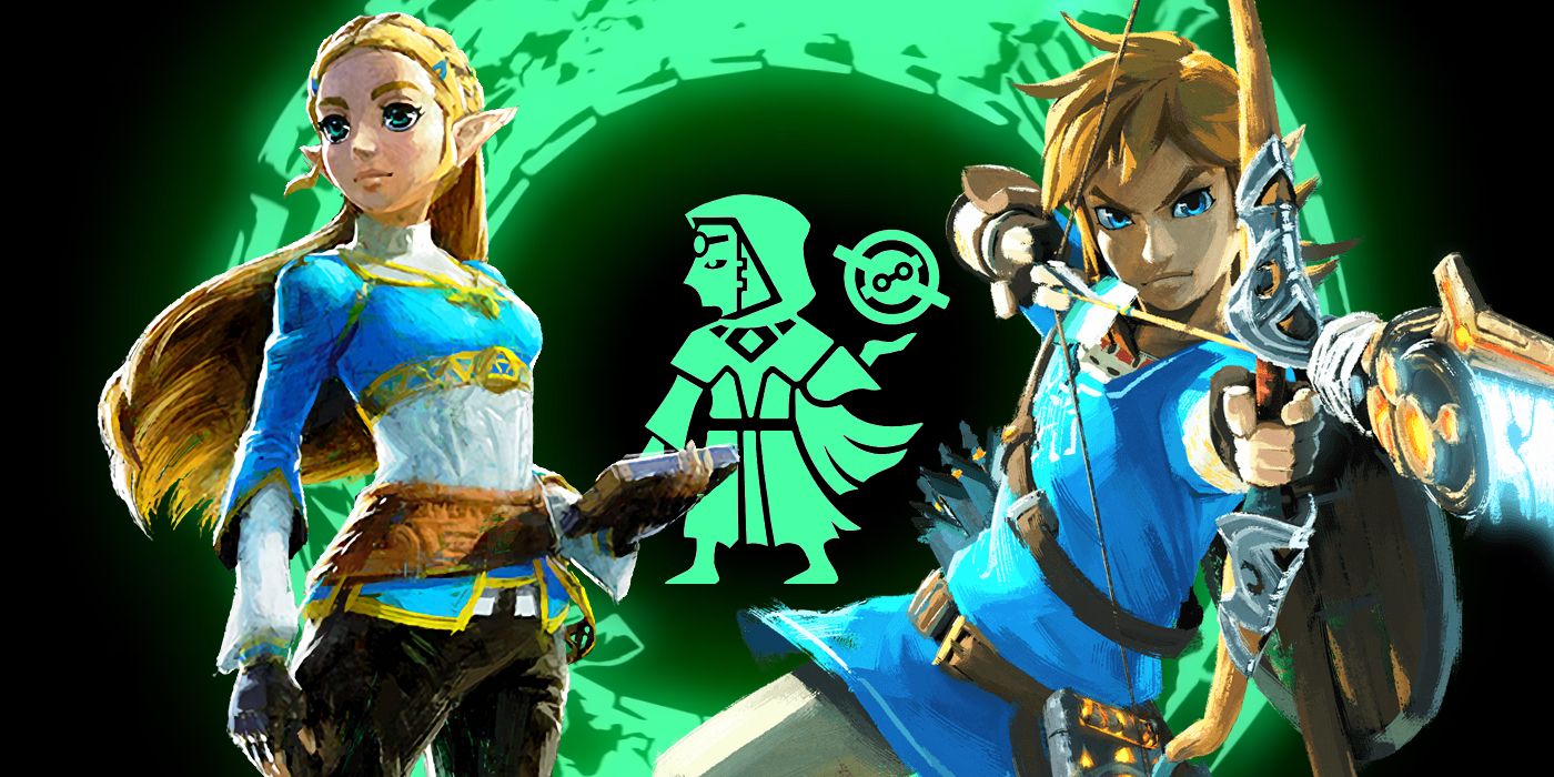 Artworks of Link and Zelda from Breath of the Wild in front of the bright green Uroboros symbol used in Tears of the Kingdom's trailers. In the center of the green symbol is the icon used for Astor in Hyrule Warriors: Age of Calamity.