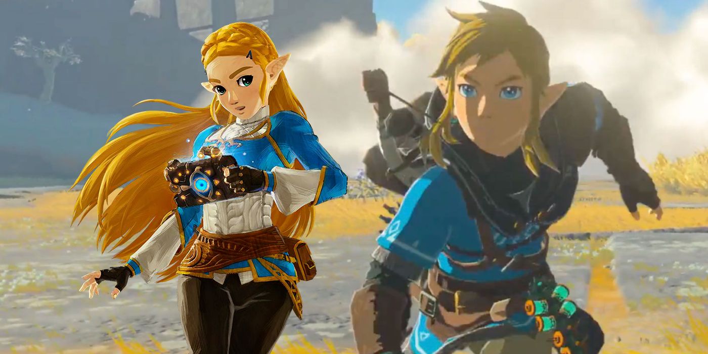 Screenshot of Link from the trailer for Legend of Zelda: Tears of the Kingdom with artwork of Princess Zelda from Hyrule Warriors: Age of Calamity pasted to the left.