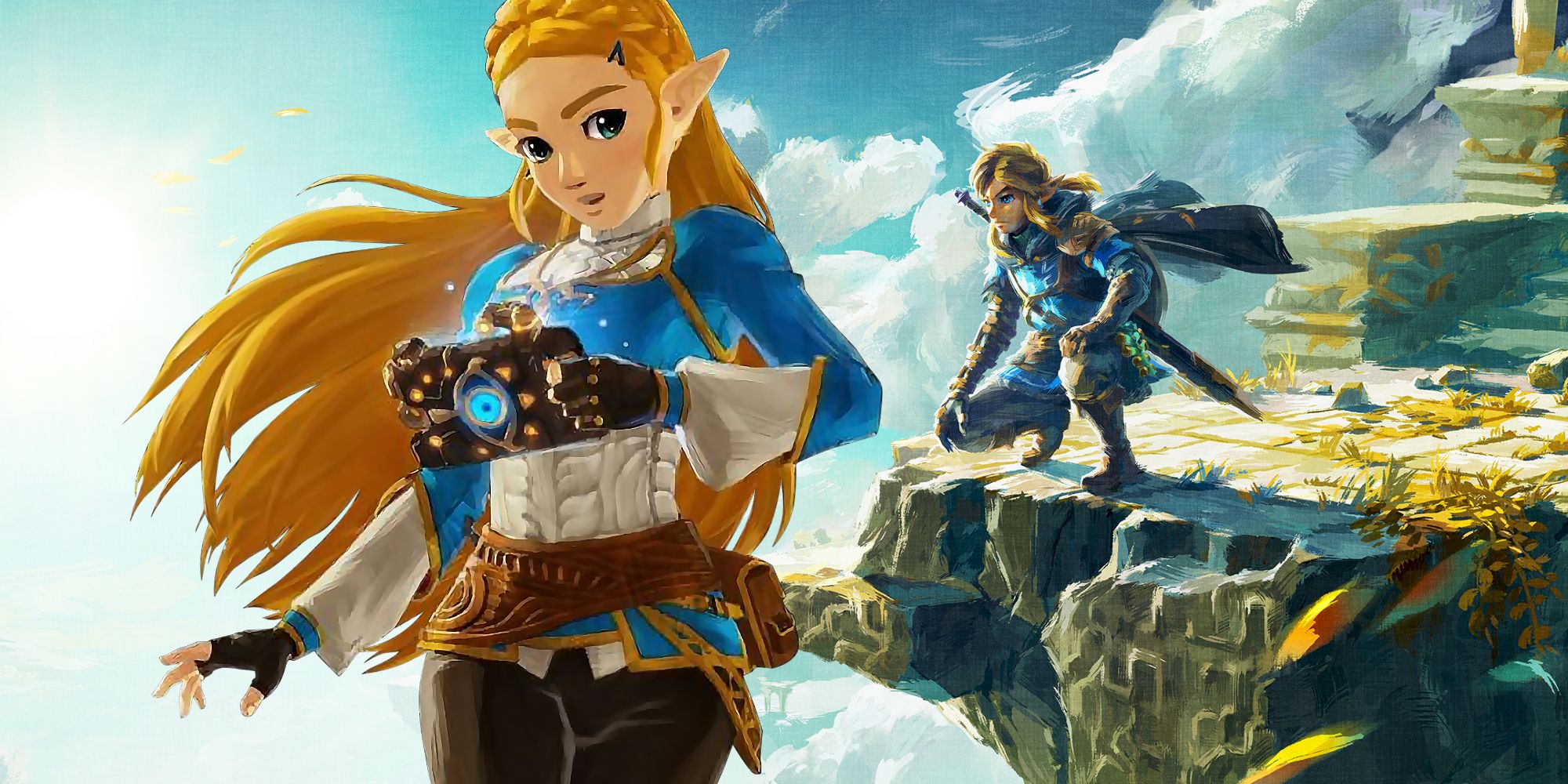 Official character art of Princess Zelda from Hyrule Warriors: Age of Calamity holding the Shiekah Slate superimposed on key art for Tears of the Kingdom showing Link crouched on the edge of a floating island.