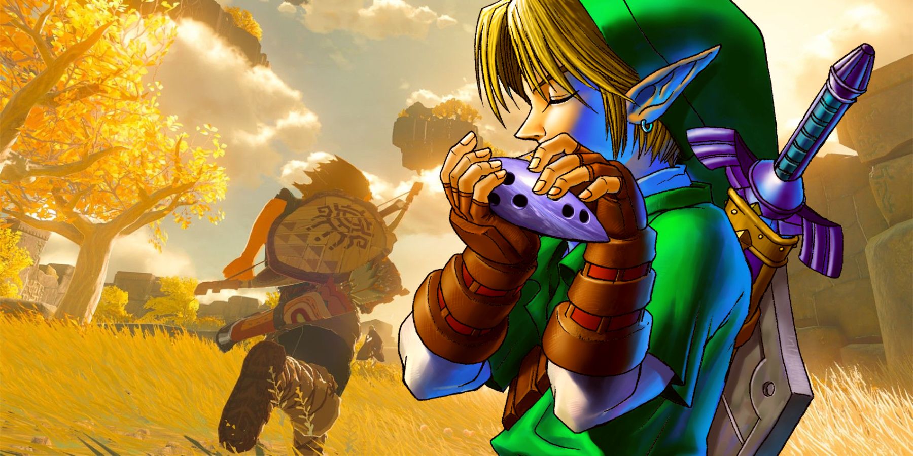 A screenshot of Link running in a Legend of Zelda: Tears of the Kingdom trailer, with artwork of Link playing the Ocarina of Time overlaid.