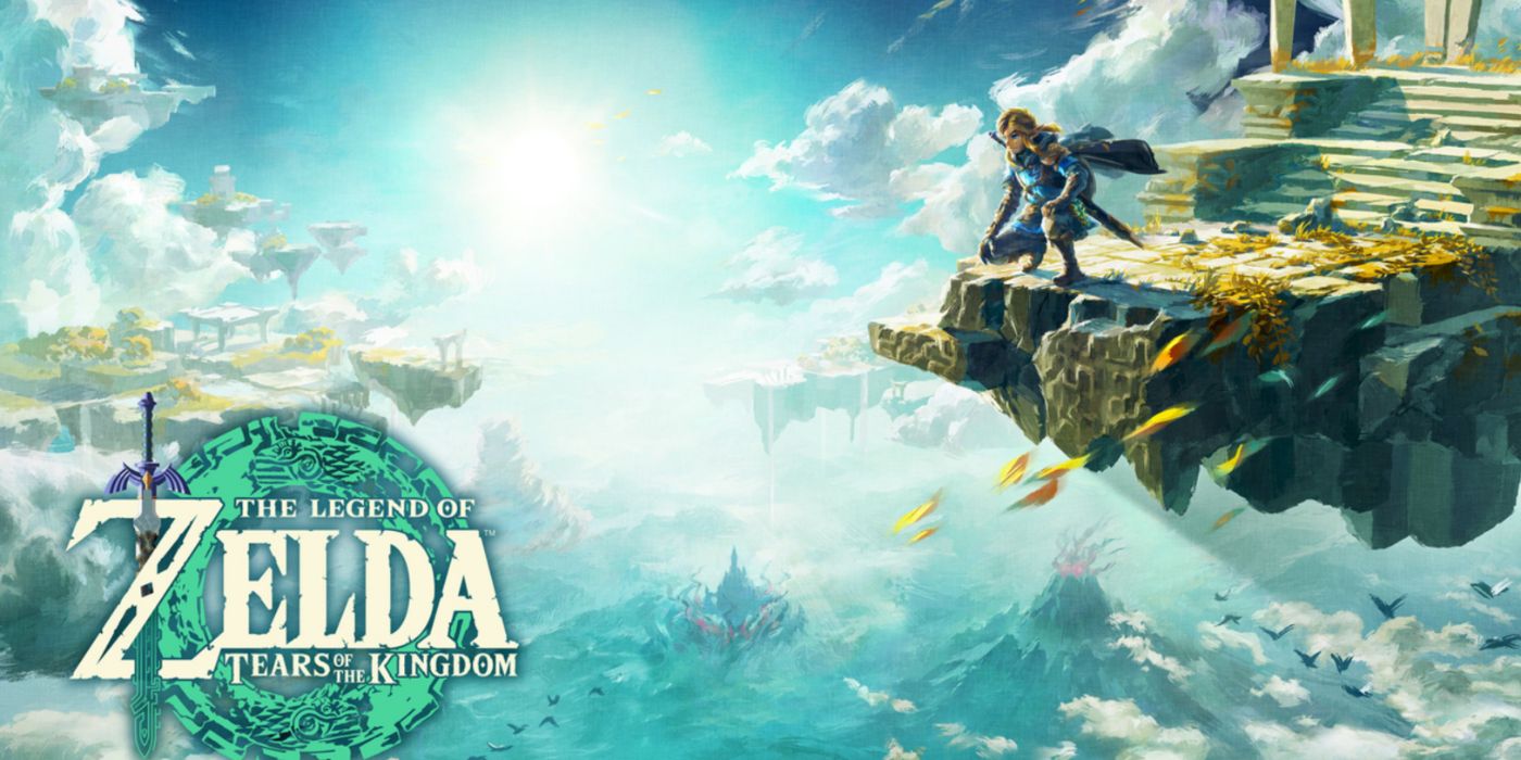 Key art for The Legend of Zelda: Tears of the Kingdom with Link on a sky-bound structure above Hyrule.
